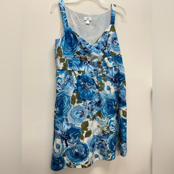 Loft Women’s Dress Sleeveless Sz 14 Empire Waist Floral Blue Sundress - Picture 2 of 6
